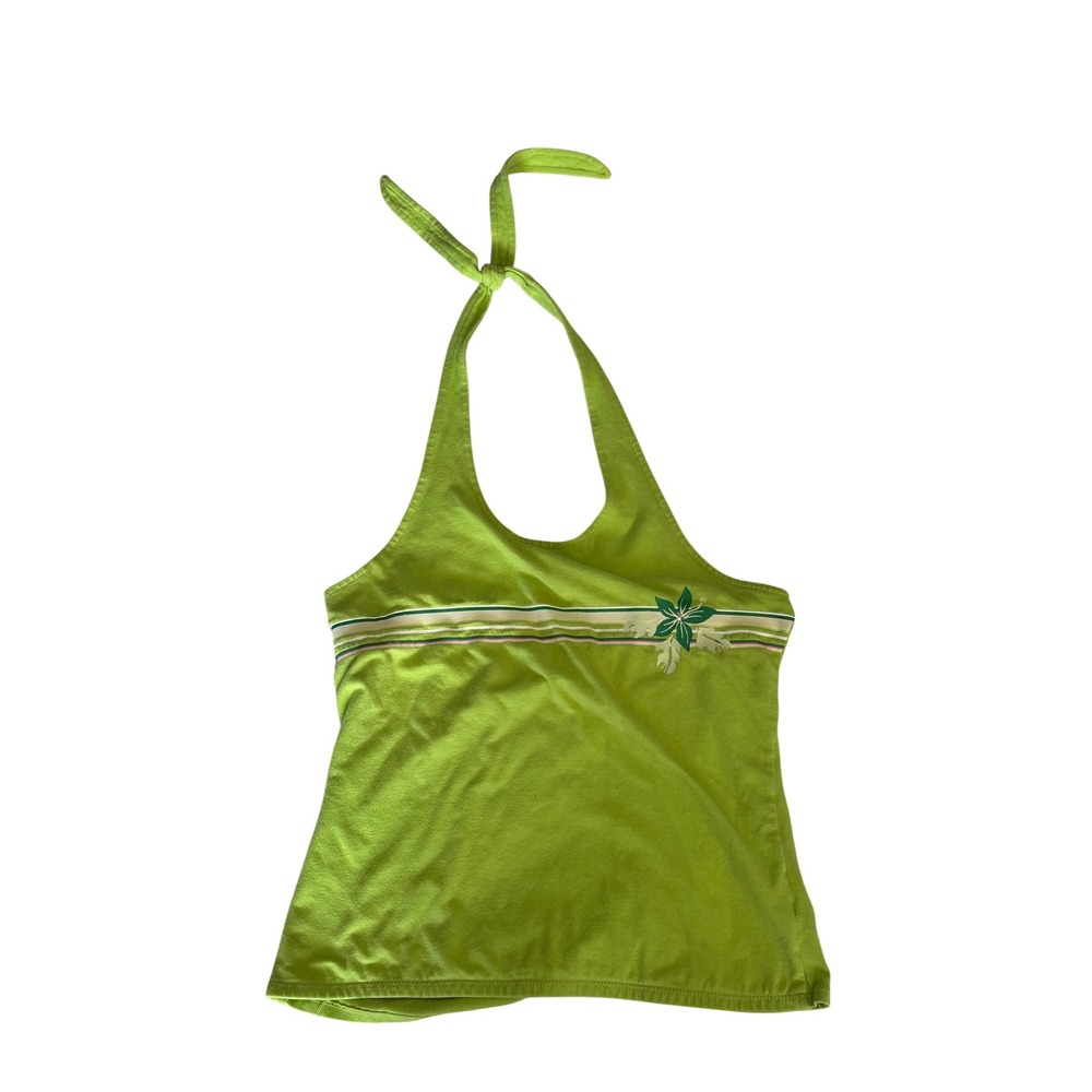 Arizona Jean Co Lime Green Halter Top Y2K Tropical Hibiscus Crop XL Open Back